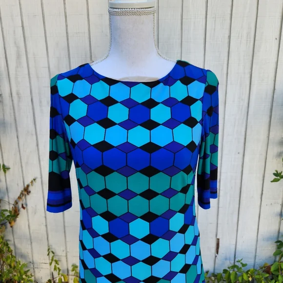 Eliza J Vintage Blue Black Geometric Mod Dress Size 4 - Picture 2 of 6